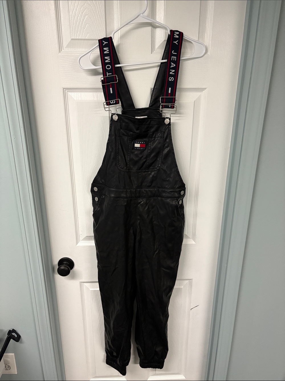 Tommy Hilfiger Black Faux-Leather Jumpsuit Overalls with Branded Straps size 26